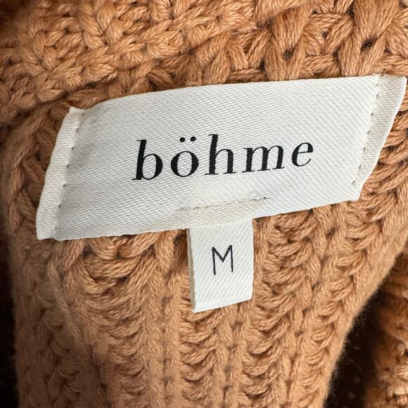 Böhme Chunky Cable Knit Sweater Boho Ruffle Shoulder 100% Cotton Tan Medium - Picture 4 of 7